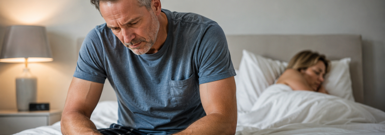 A worried man over 40 sitting on the edge of a bed while his partner sleeps in the background
