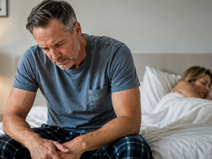 A worried man over 40 sitting on the edge of a bed while his partner sleeps in the background