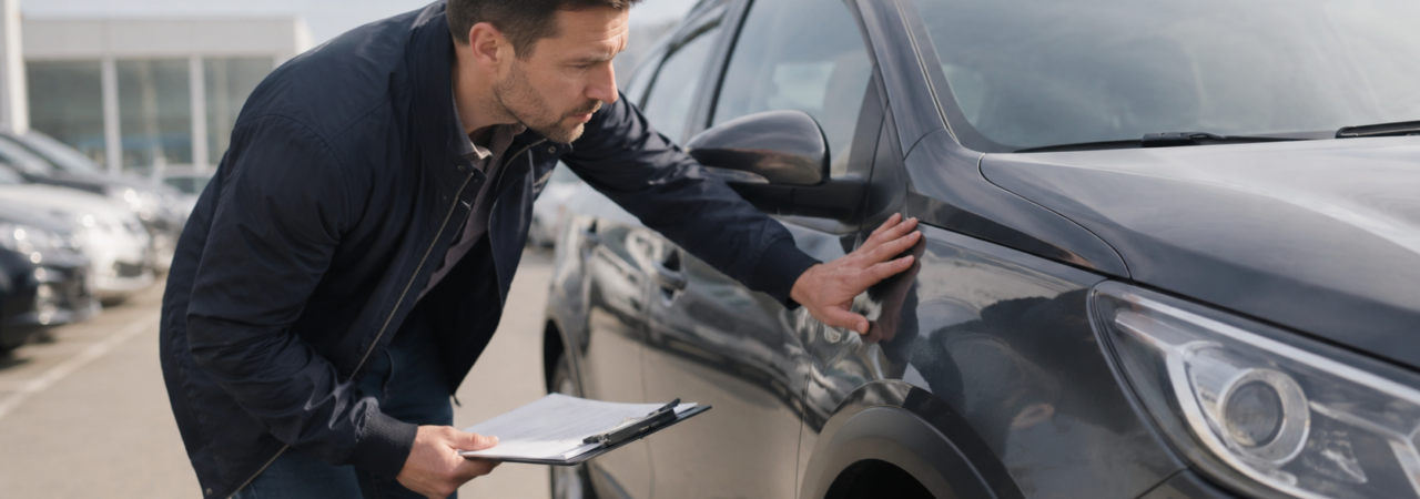 Person inspecting a used car before buying