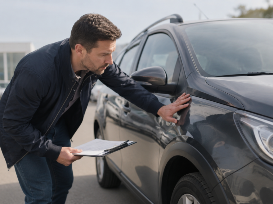Person inspecting a used car before buying