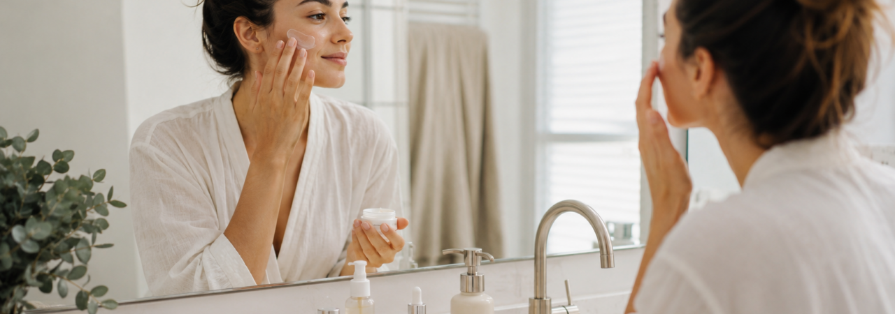Person applying skincare product in a clean bathroom