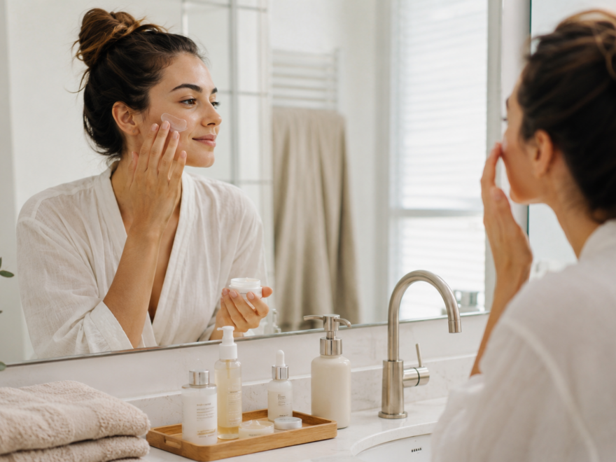 Person applying skincare product in a clean bathroom