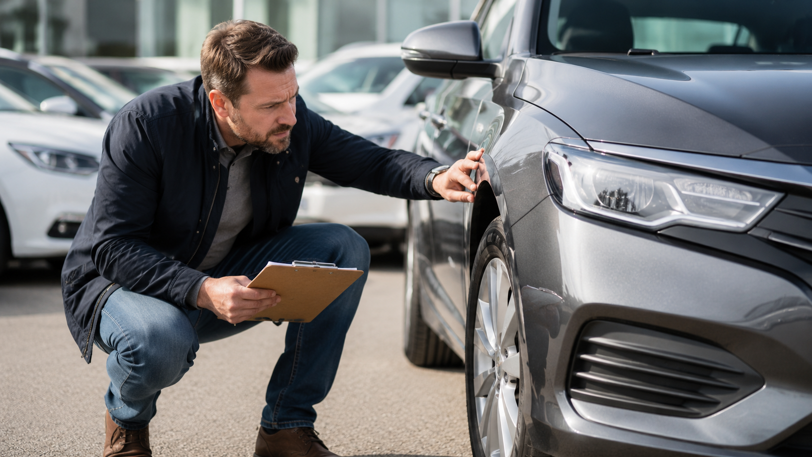 Used car buyer checking a vehicle for warning signs